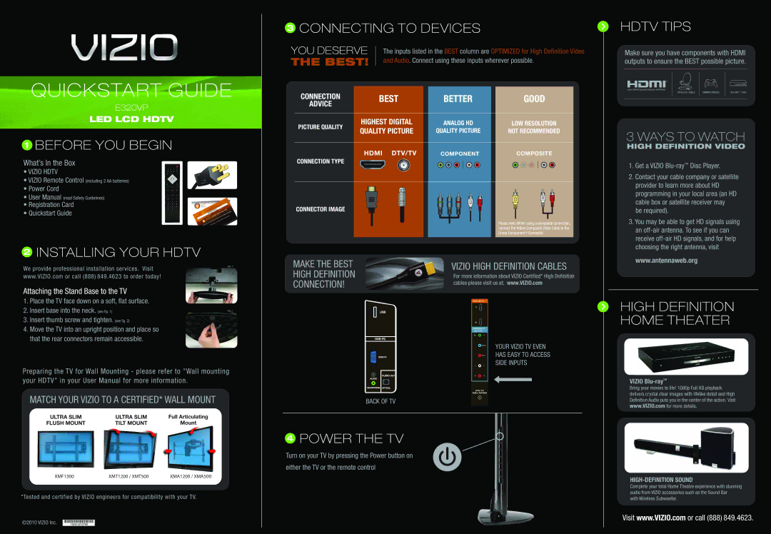 Vizio E320VP user manual Before YOU Begin, Connecting to Devices, Hdtv Tips, Installing Your Hdtv, Power the TV 