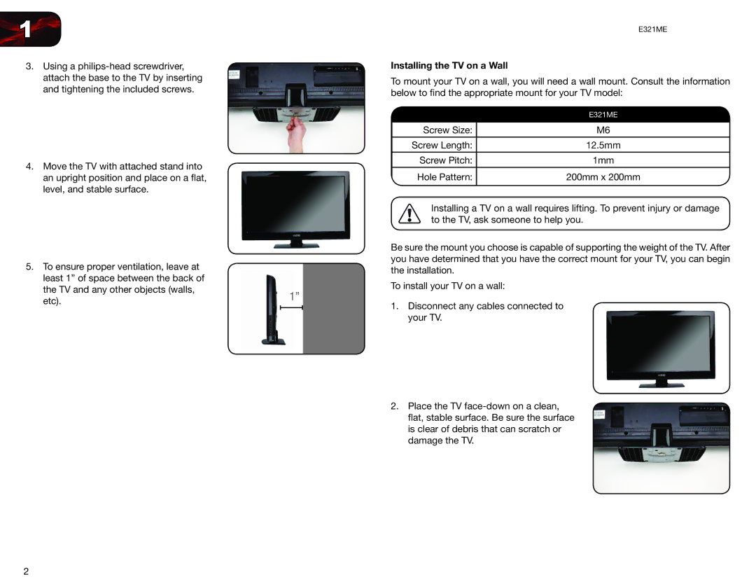 Vizio E321ME user manual Installing the TV on a Wall 