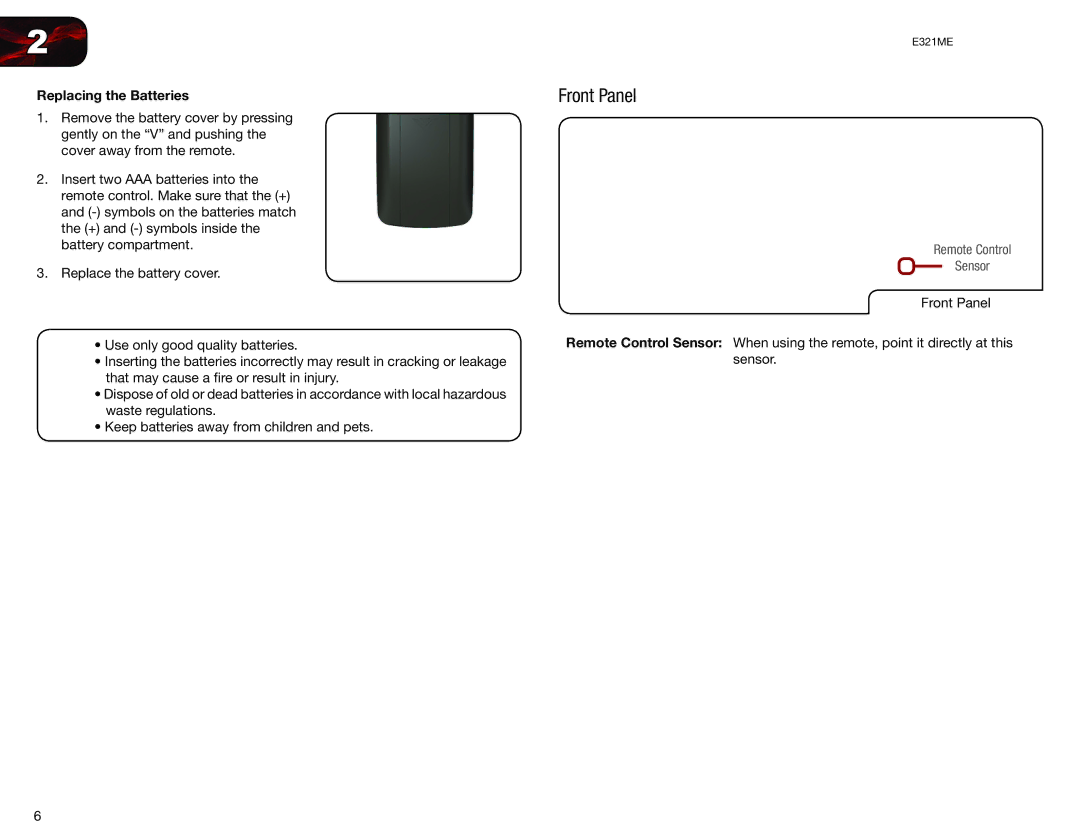 Vizio E321ME user manual Front Panel, Replacing the Batteries 