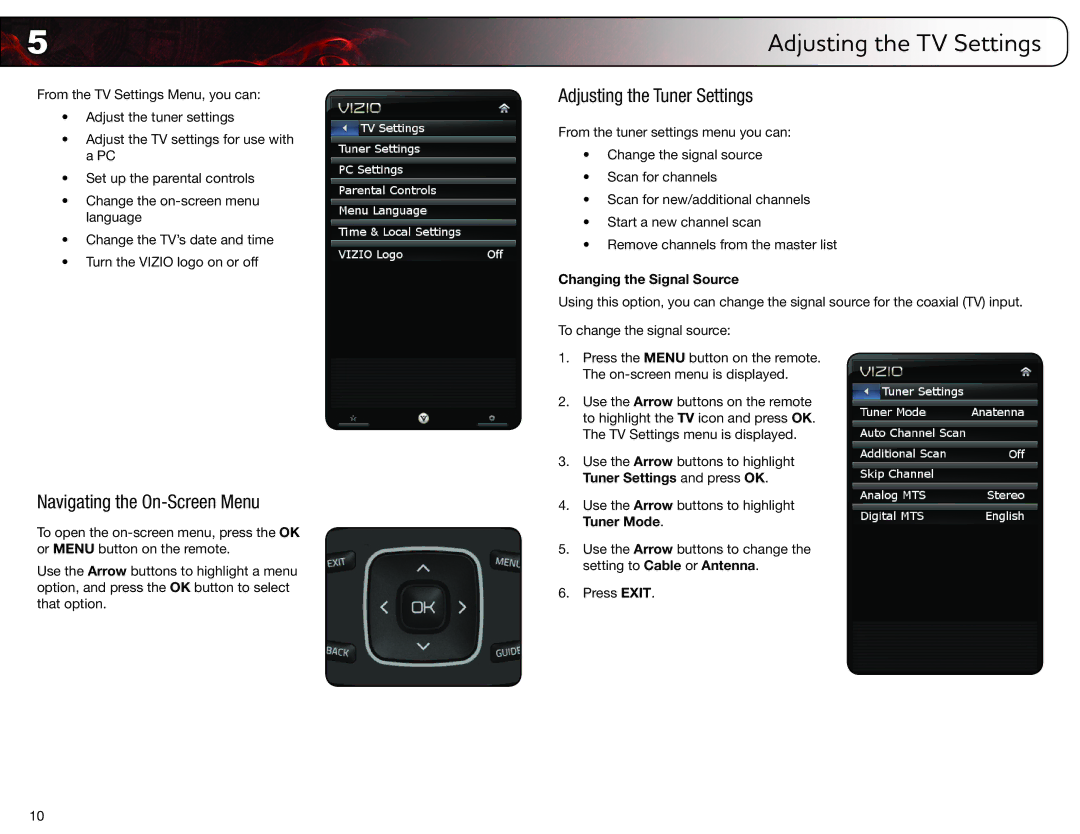 Vizio E321ME user manual Navigating the On-Screen Menu, Adjusting the Tuner Settings, Changing the Signal Source 