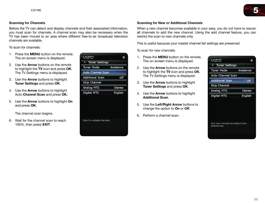 Vizio E321ME user manual Scanning for Channels, Scanning for New or Additional Channels 