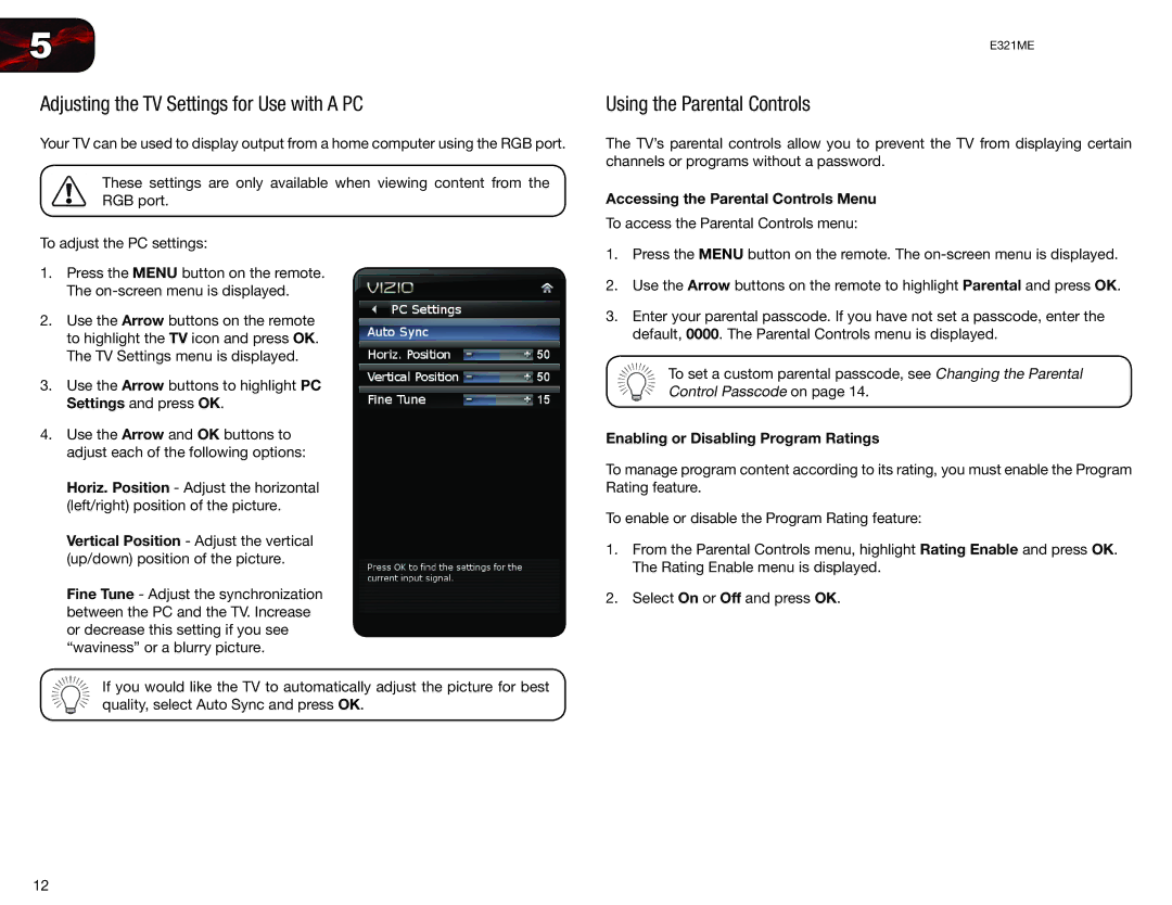 Vizio E321ME user manual Adjusting the TV Settings for Use with a PC, Using the Parental Controls 