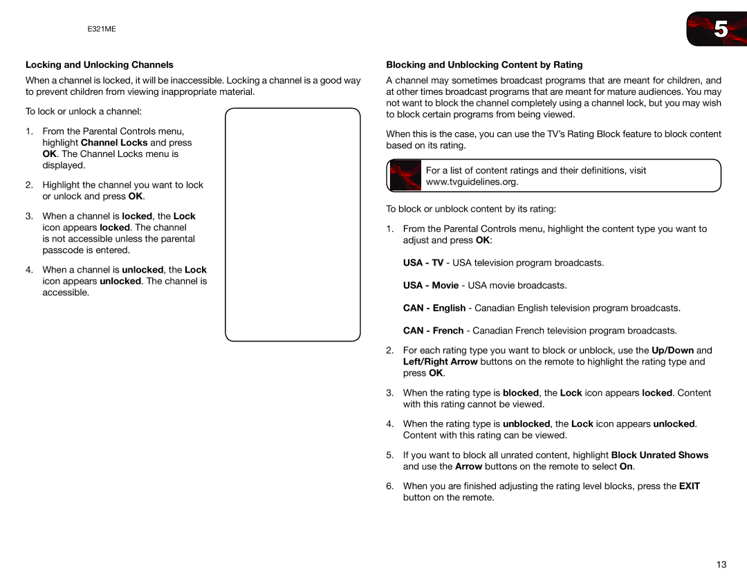 Vizio E321ME user manual Locking and Unlocking Channels, Blocking and Unblocking Content by Rating 