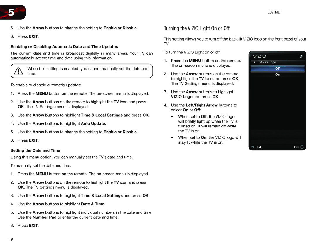 Vizio E321ME user manual Turning the Vizio Light On or Off, Enabling or Disabling Automatic Date and Time Updates 