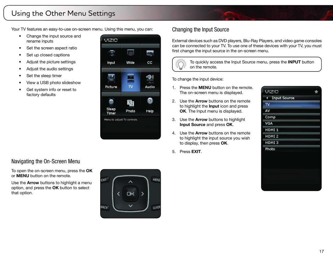 Vizio E321ME user manual Using the Other Menu Settings, Changing the Input Source 