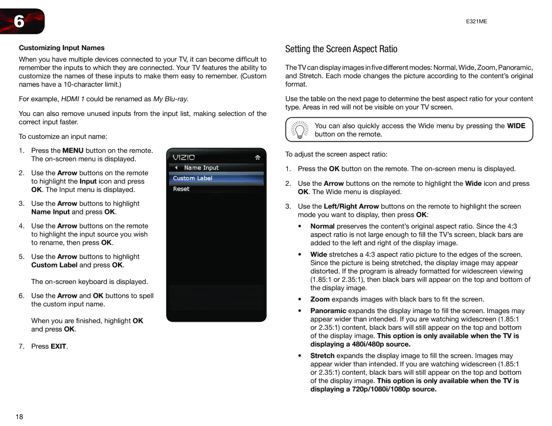 Vizio E321ME user manual Setting the Screen Aspect Ratio, Customizing Input Names 