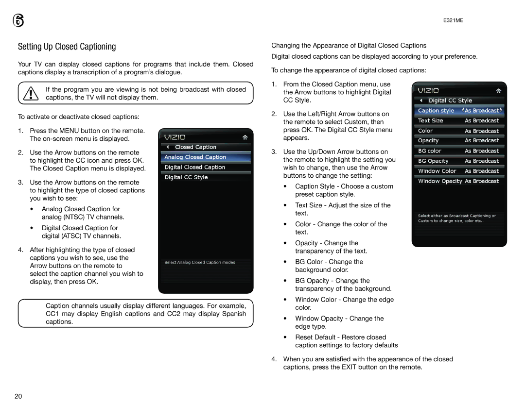 Vizio E321ME user manual Setting Up Closed Captioning, Changing the Appearance of Digital Closed Captions 