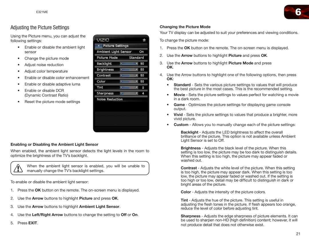 Vizio E321ME Adjusting the Picture Settings, Enabling or Disabling the Ambient Light Sensor, Changing the Picture Mode 