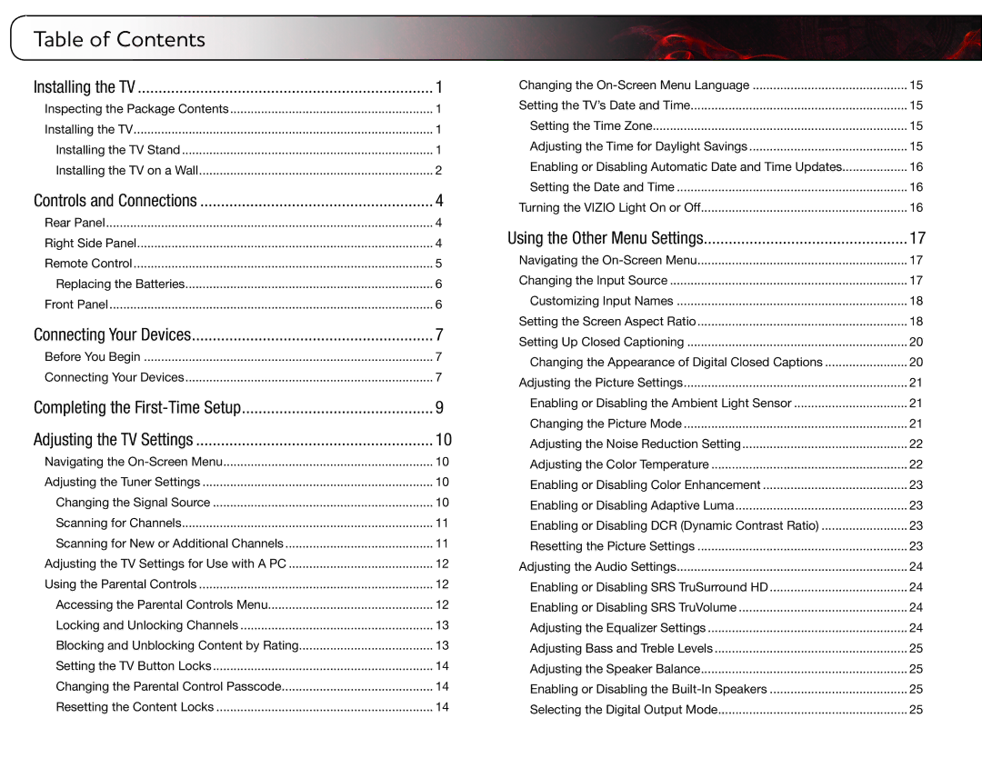 Vizio E321ME user manual Table of Contents 