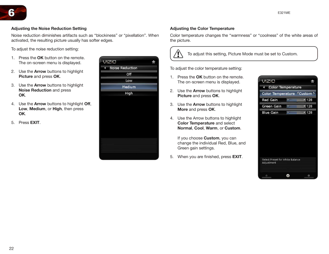 Vizio E321ME user manual Adjusting the Noise Reduction Setting, Adjusting the Color Temperature 