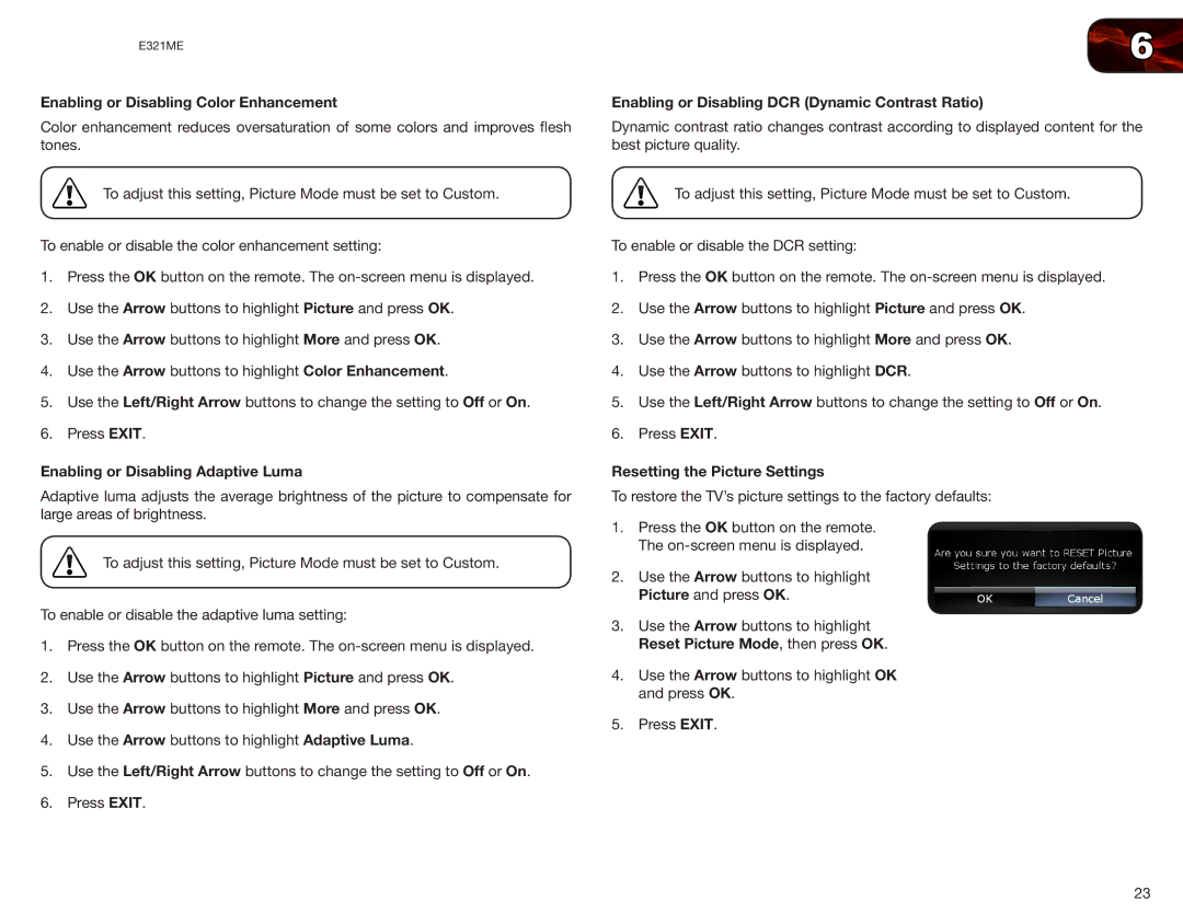 Vizio E321ME Enabling or Disabling Color Enhancement, Enabling or Disabling Adaptive Luma, Resetting the Picture Settings 