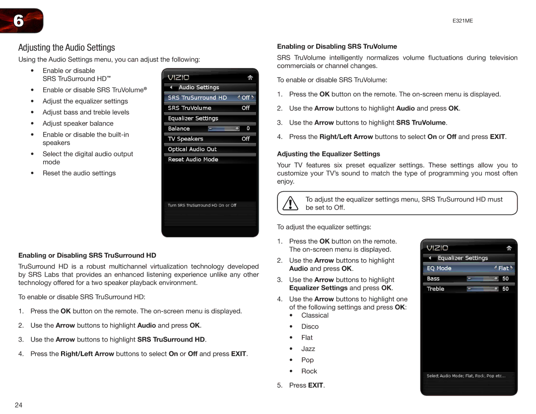 Vizio E321ME Adjusting the Audio Settings, Enabling or Disabling SRS TruSurround HD, Enabling or Disabling SRS TruVolume 