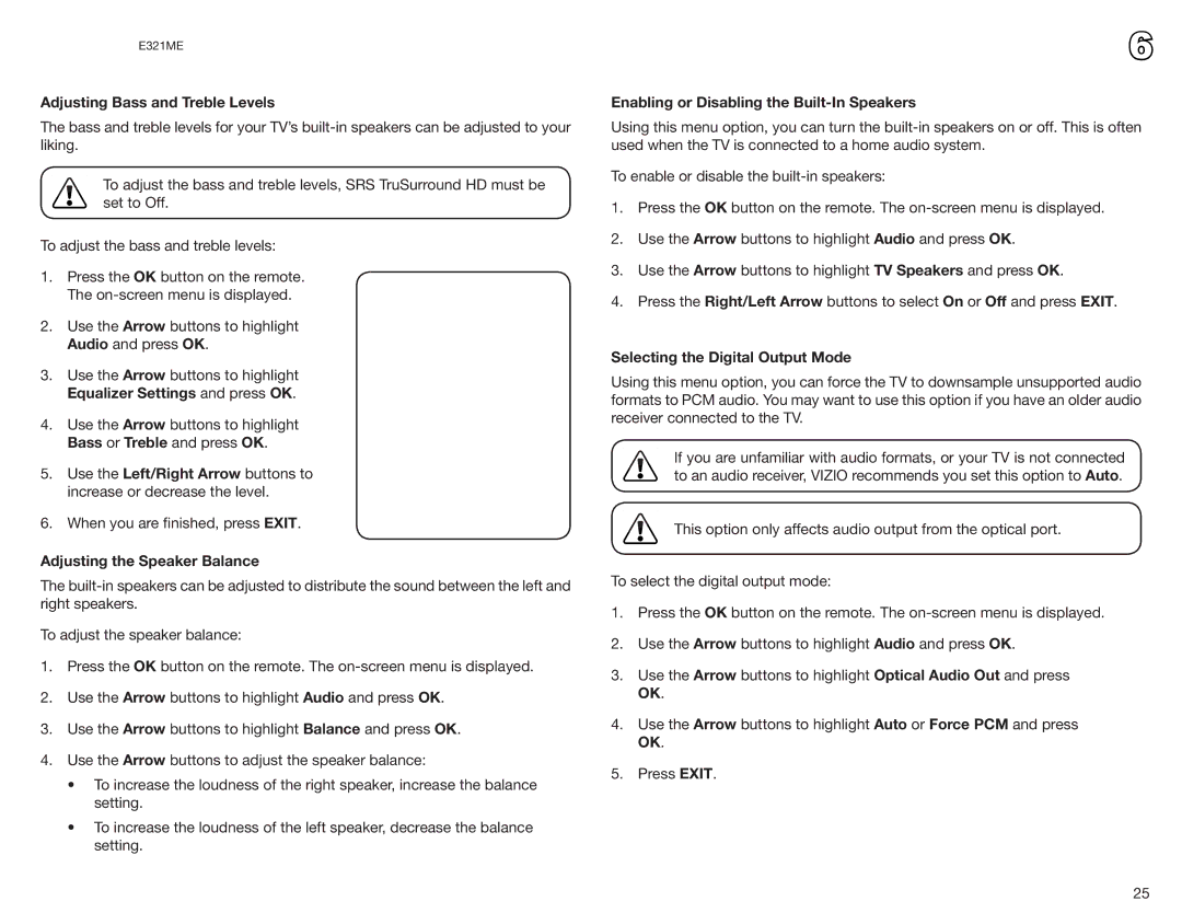 Vizio E321ME Adjusting Bass and Treble Levels, Adjusting the Speaker Balance, Enabling or Disabling the Built-In Speakers 
