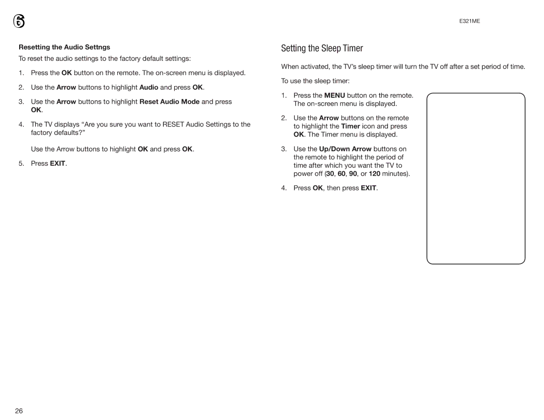 Vizio E321ME user manual Setting the Sleep Timer, Resetting the Audio Settngs 