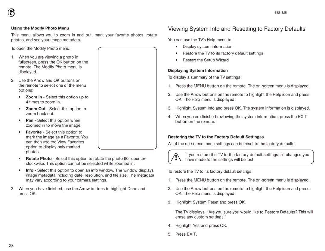 Vizio E321ME user manual Viewing System Info and Resetting to Factory Defaults, Using the Modify Photo Menu 