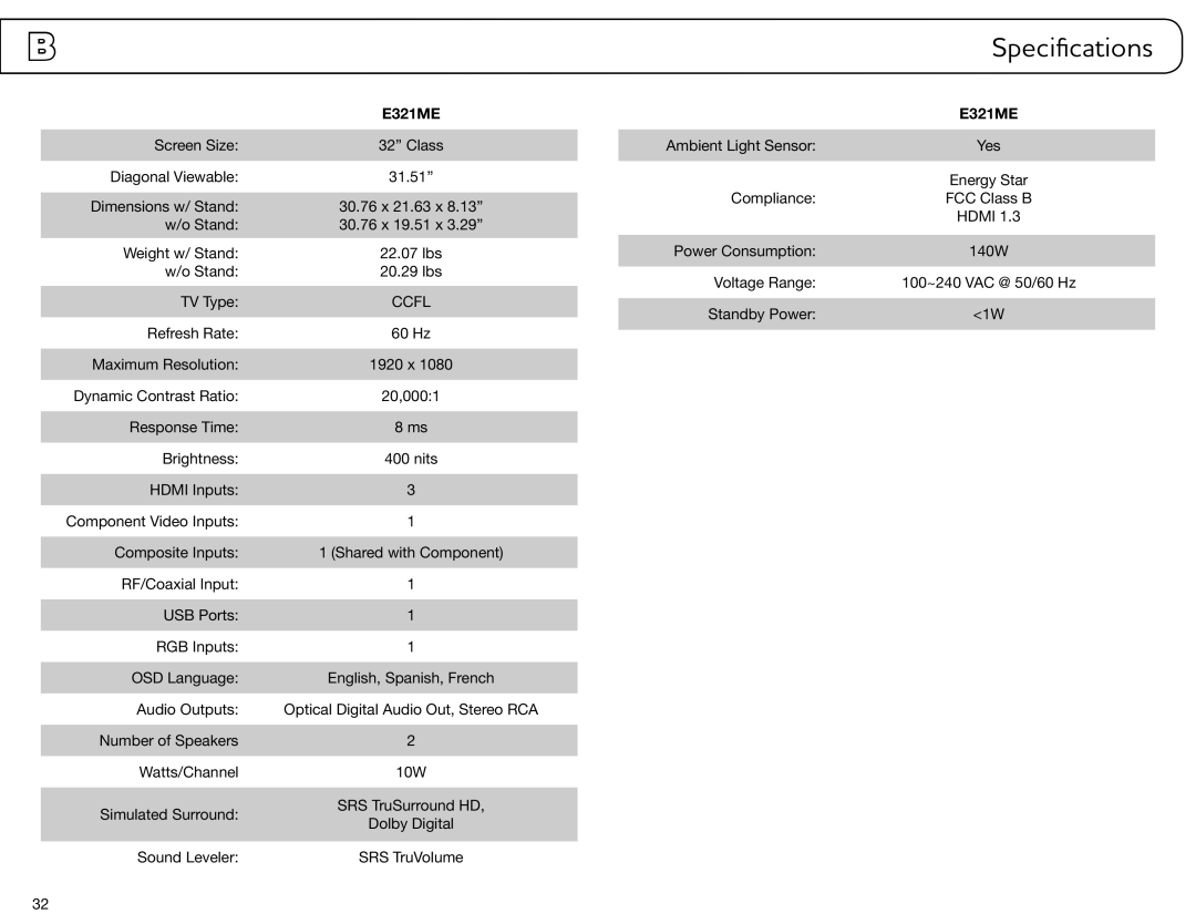 Vizio E321ME user manual Specifications 