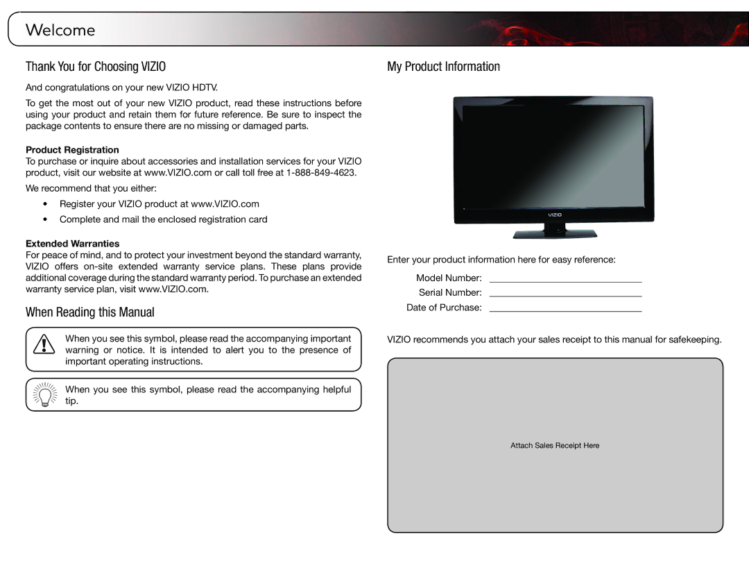 Vizio E321ME user manual Welcome, Thank You for Choosing Vizio, When Reading this Manual, My Product Information 