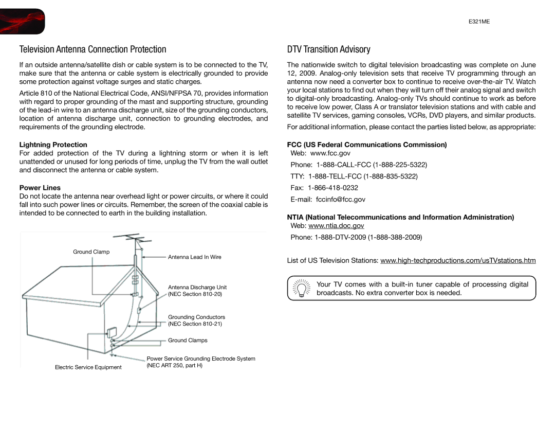 Vizio E321ME Television Antenna Connection Protection, DTV Transition Advisory, Lightning Protection, Power Lines 