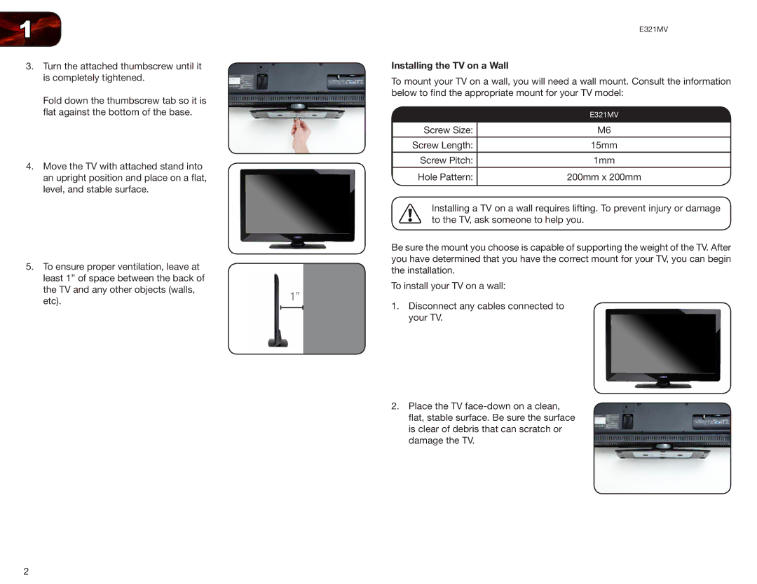 Vizio E321MV user manual Installing the TV on a Wall 