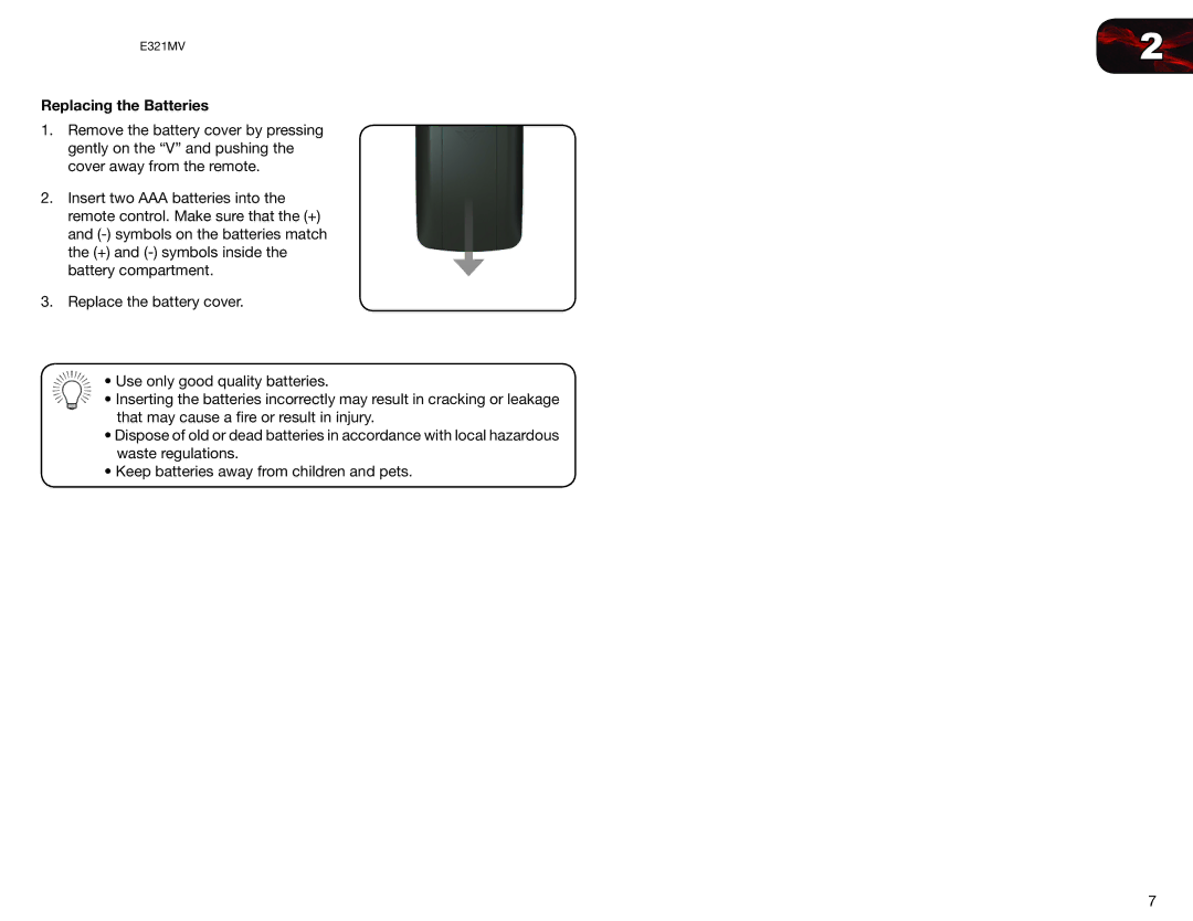 Vizio E321MV user manual Replacing the Batteries 