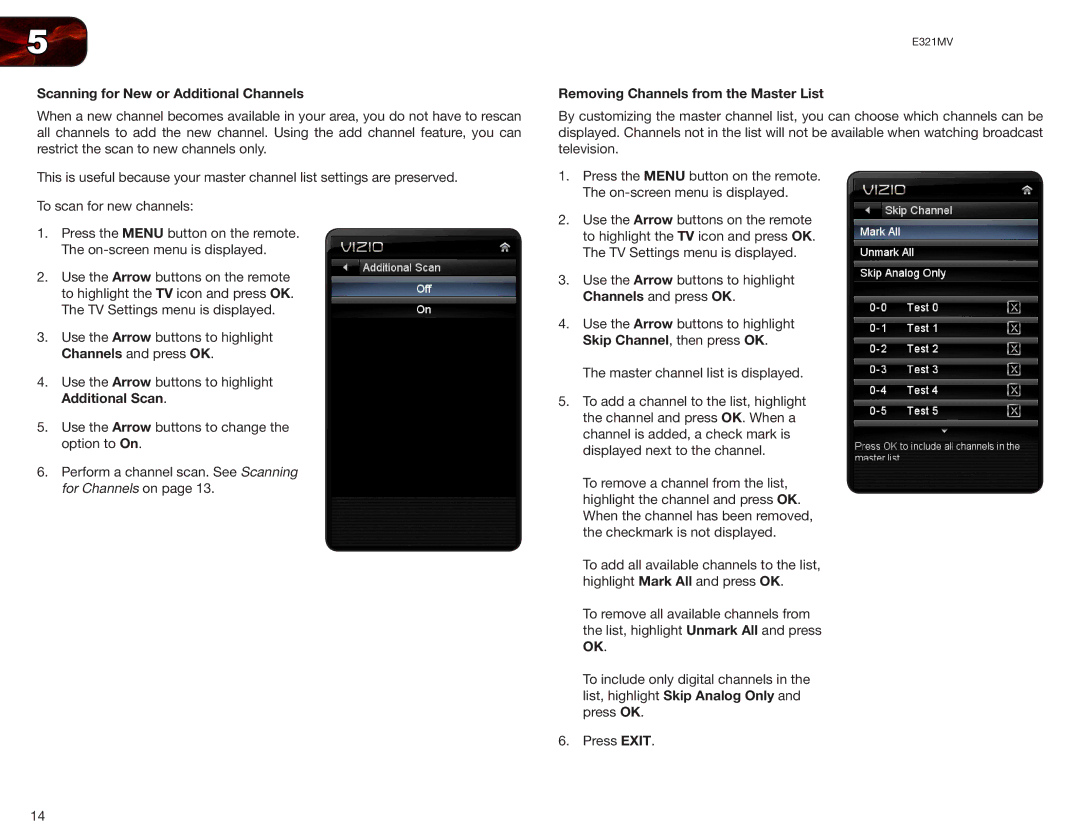 Vizio E321MV user manual Scanning for New or Additional Channels, Removing Channels from the Master List 