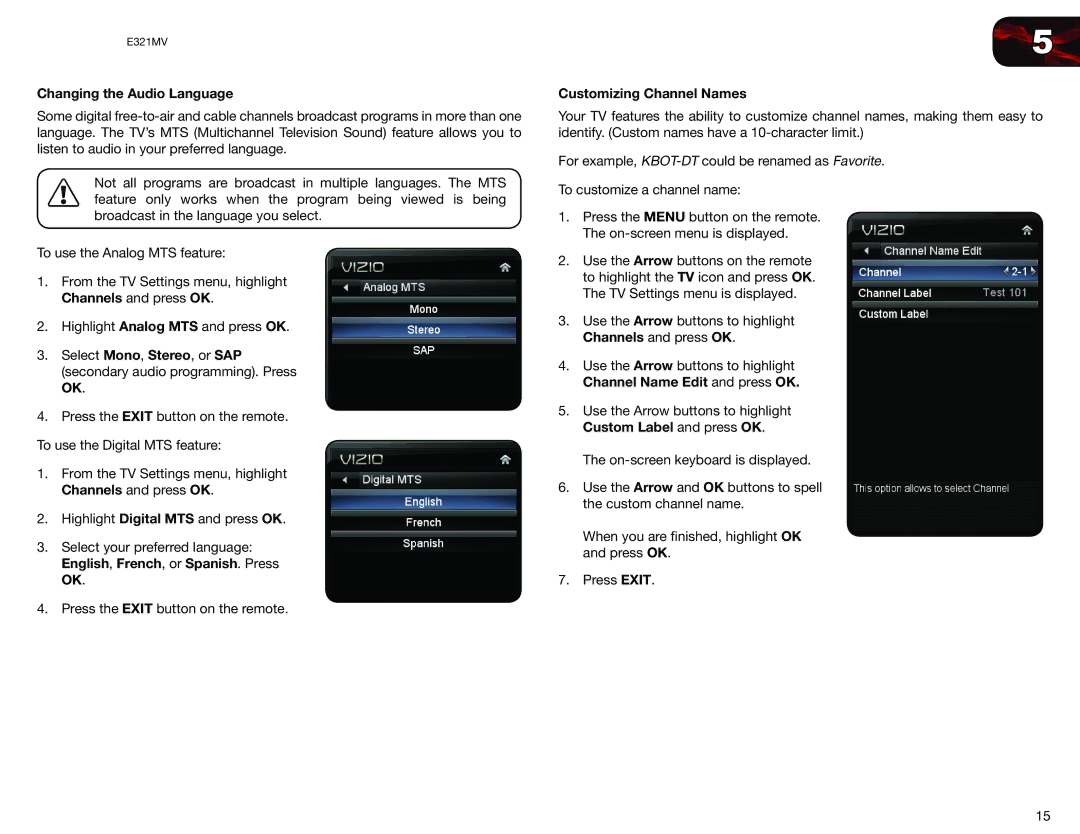 Vizio E321MV user manual Changing the Audio Language, Customizing Channel Names 