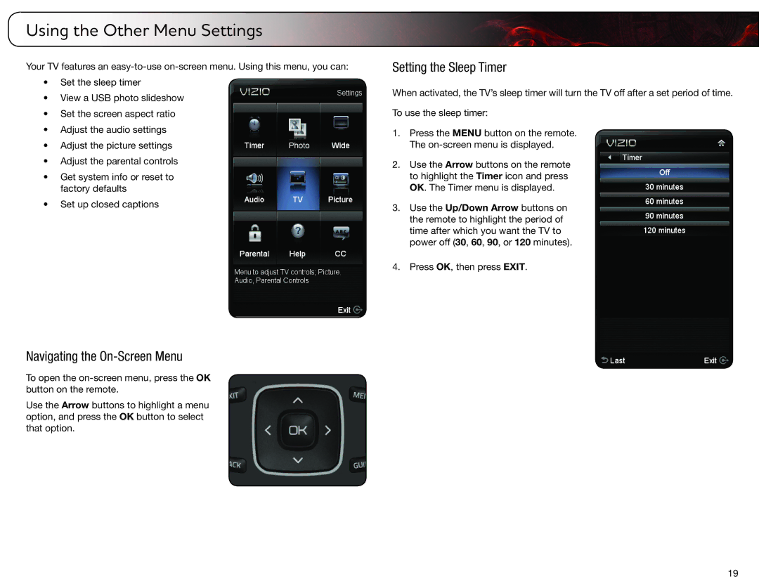 Vizio E321MV user manual Using the Other Menu Settings, Setting the Sleep Timer 