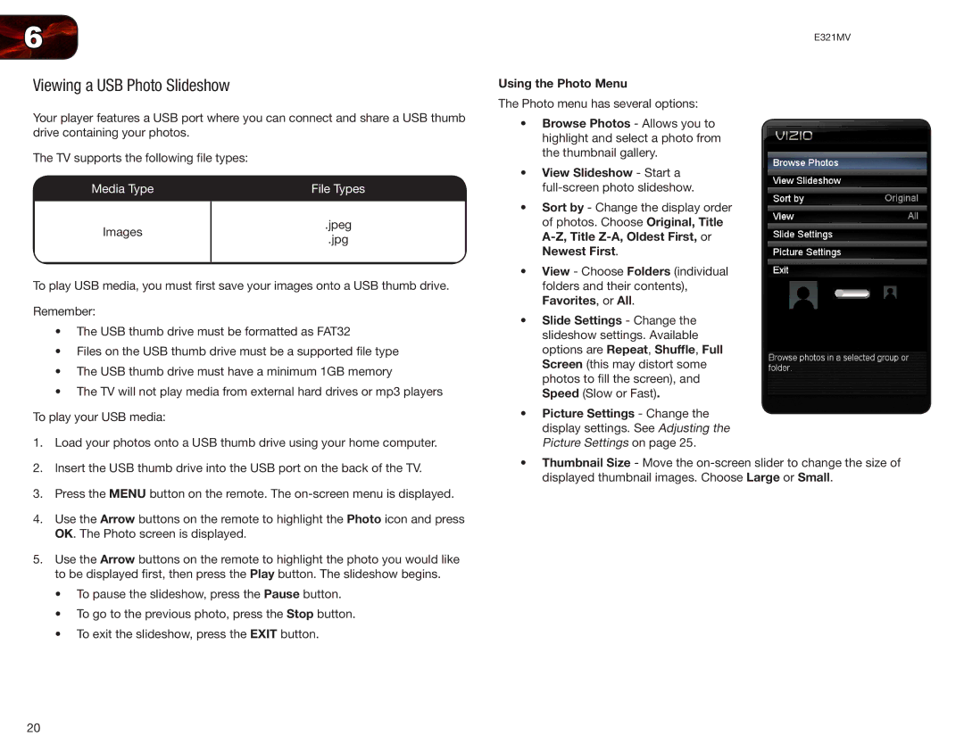 Vizio E321MV Viewing a USB Photo Slideshow, Using the Photo Menu, View Slideshow Start a full-screen photo slideshow 