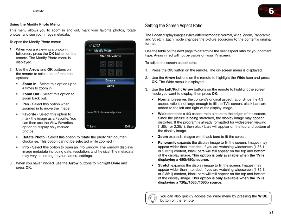 Vizio E321MV user manual Setting the Screen Aspect Ratio, Using the Modify Photo Menu 