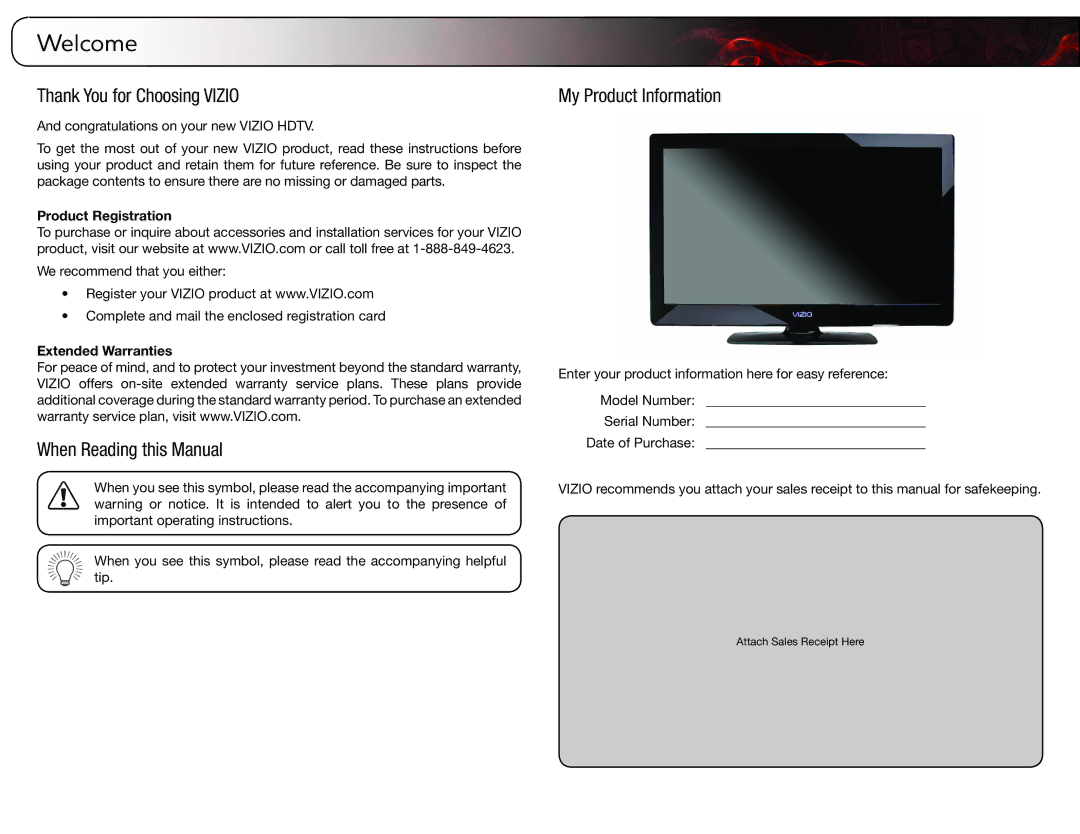 Vizio E321MV user manual Welcome, Thank You for Choosing Vizio, When Reading this Manual, My Product Information 