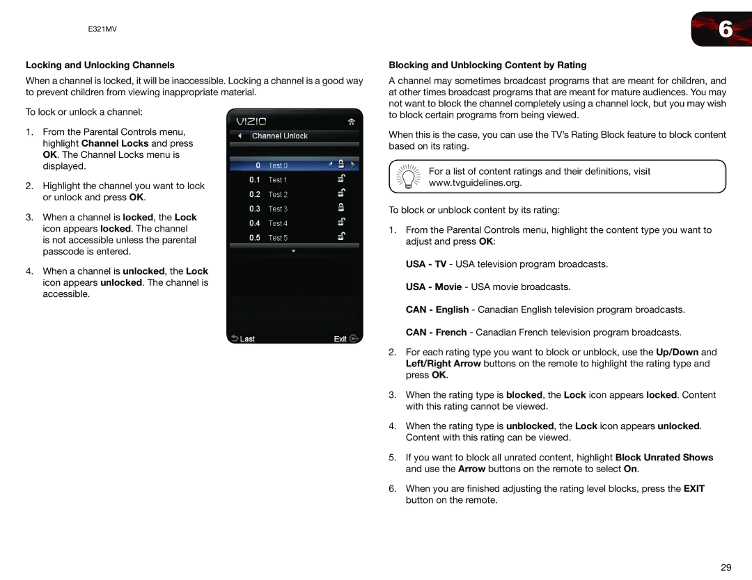 Vizio E321MV user manual Locking and Unlocking Channels, Blocking and Unblocking Content by Rating 