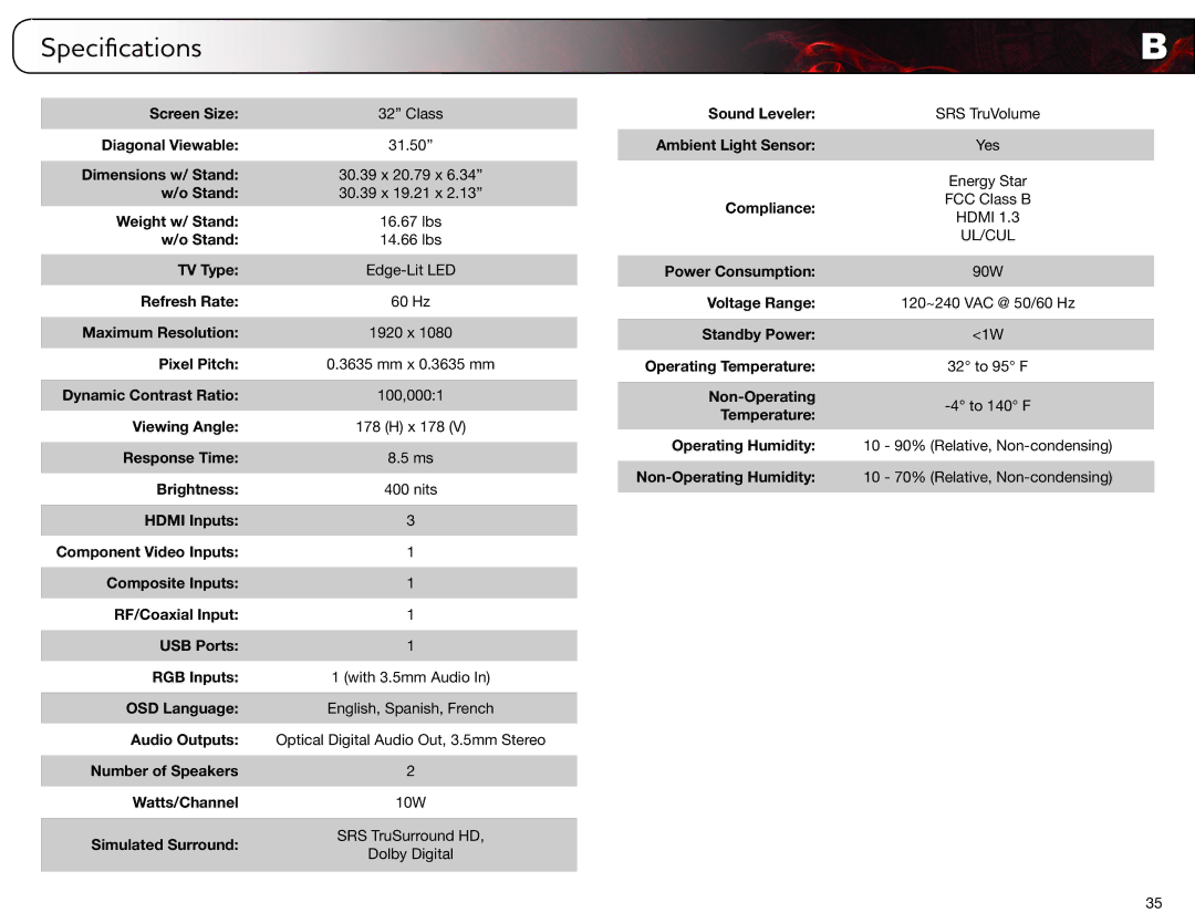 Vizio E321MV user manual Specifications 