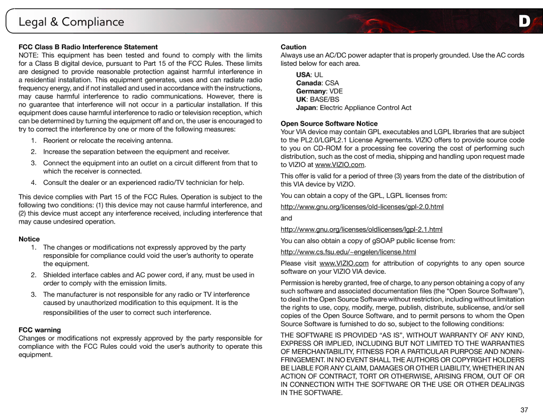 Vizio E321MV user manual Legal & Compliance, FCC Class B Radio Interference Statement, FCC warning, Canada CSA Germany VDE 