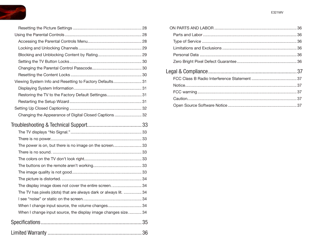 Vizio E321MV user manual Troubleshooting & Technical Support 