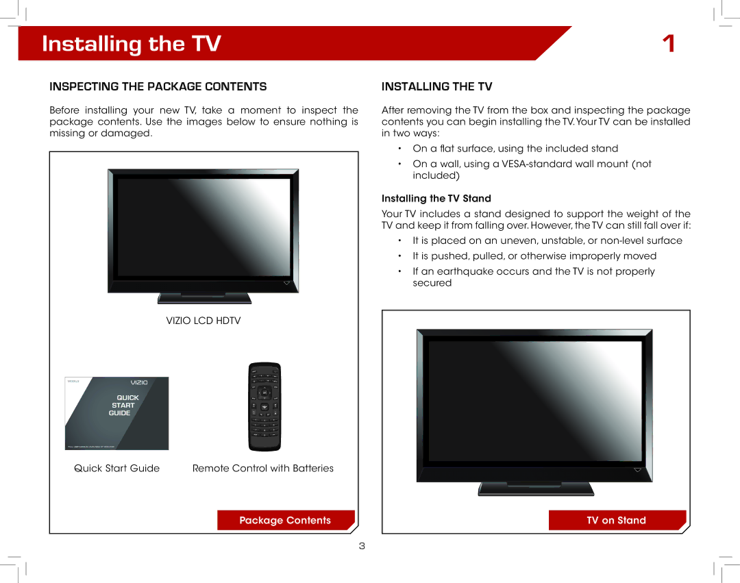 Vizio E321VL warranty Installing the TV, Inspecting the Package Contents 