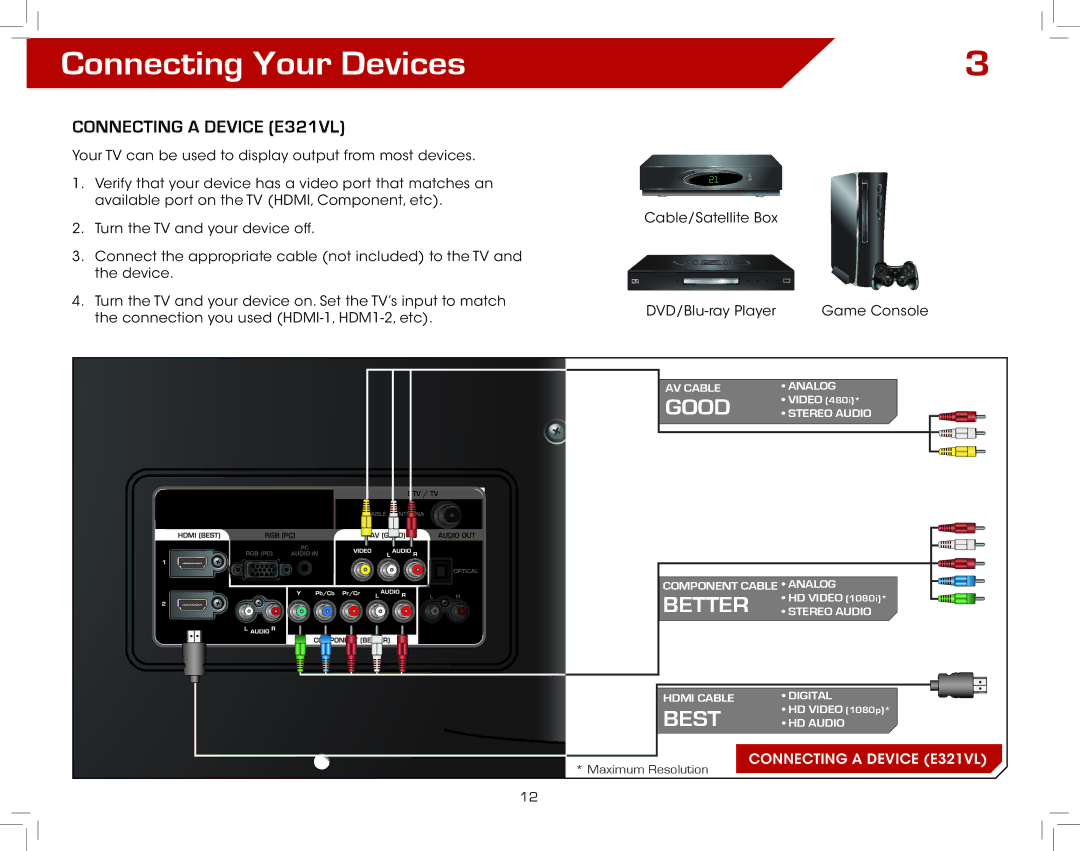 Vizio warranty Connecting Your Devices, Connecting a Device E321VL 