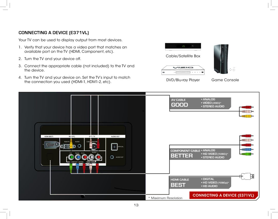 Vizio E321VL warranty Connecting a Device E371VL 