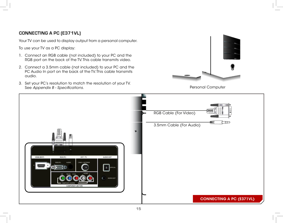 Vizio E321VL warranty Connecting a PC E371VL 