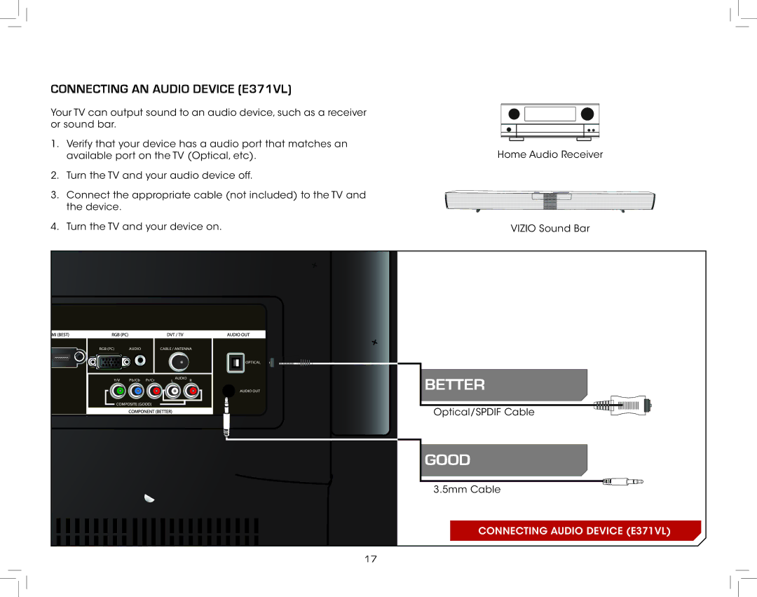 Vizio E321VL warranty Connecting an audio device E371VL 