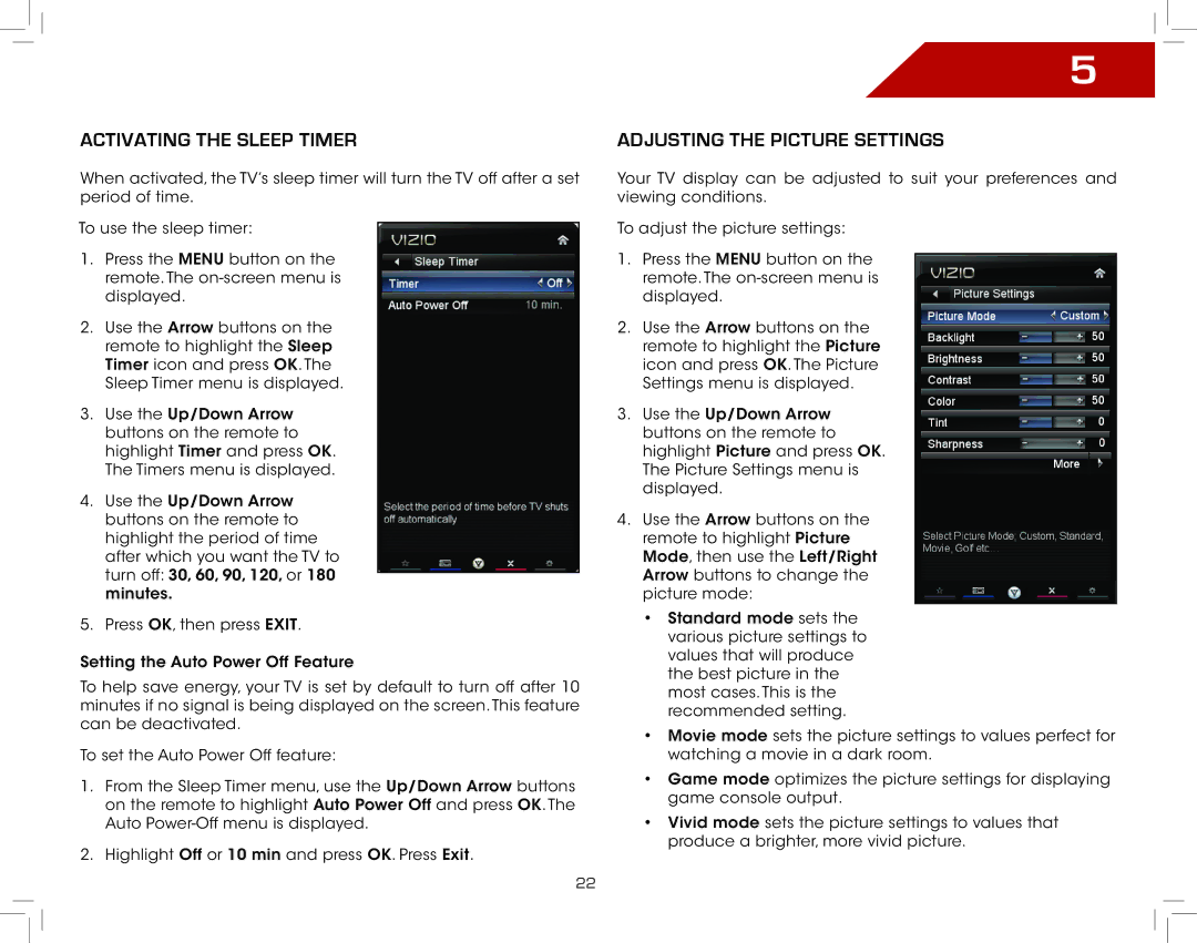 Vizio E321VL warranty Activating the Sleep Timer, Adjusting the Picture Settings 