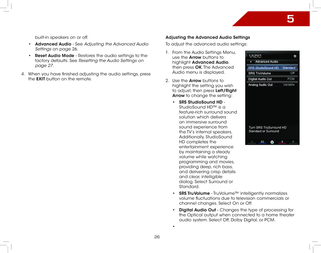 Vizio E321VL warranty Advanced Audio See Adjusting the Advanced Audio Settings on 