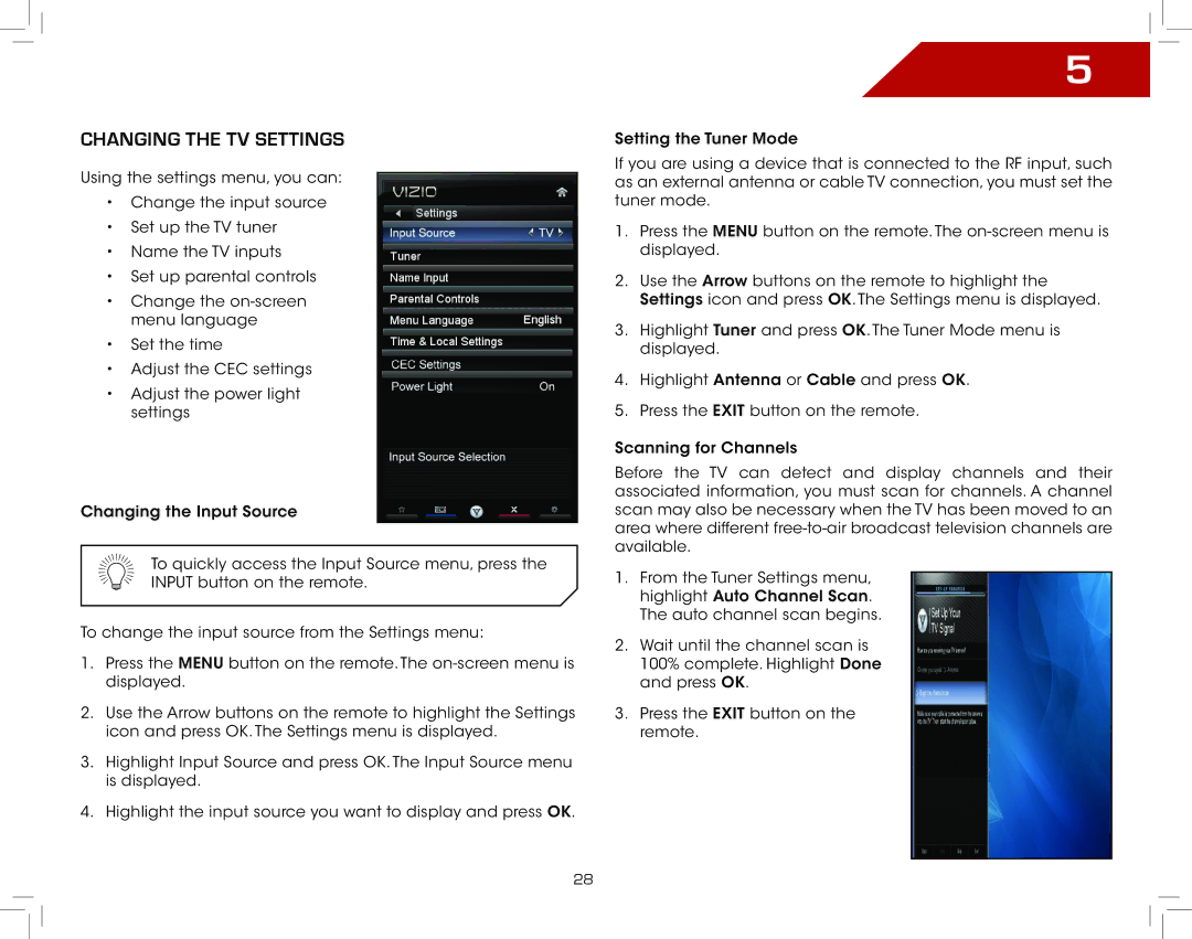 Vizio E321VL warranty Changing the TV Settings 