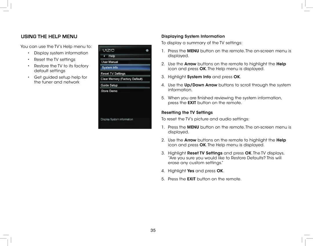 Vizio E321VL warranty Using the Help Menu 