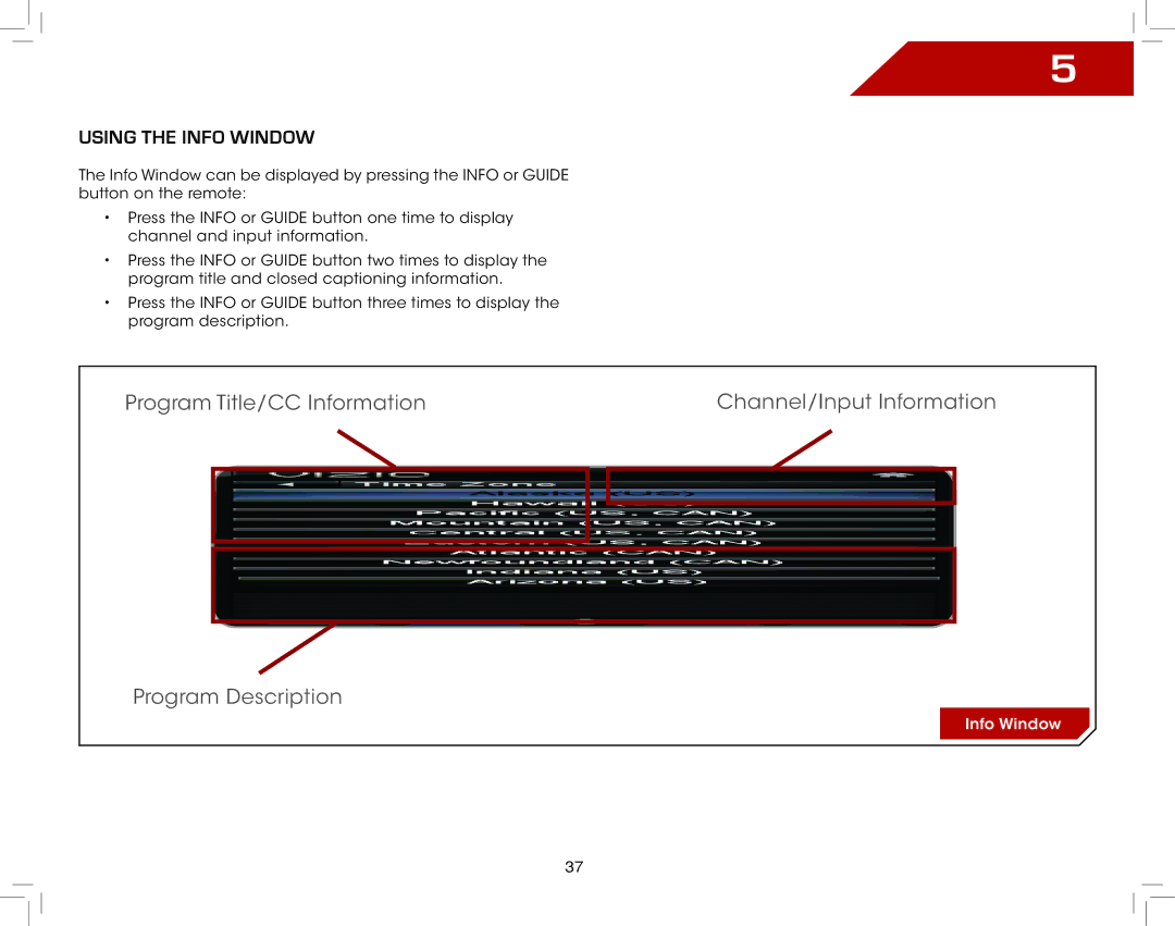 Vizio E321VL warranty Using the Info Window 