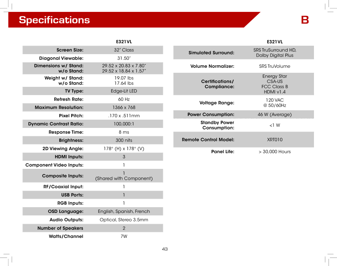 Vizio E321VL warranty Specifications 