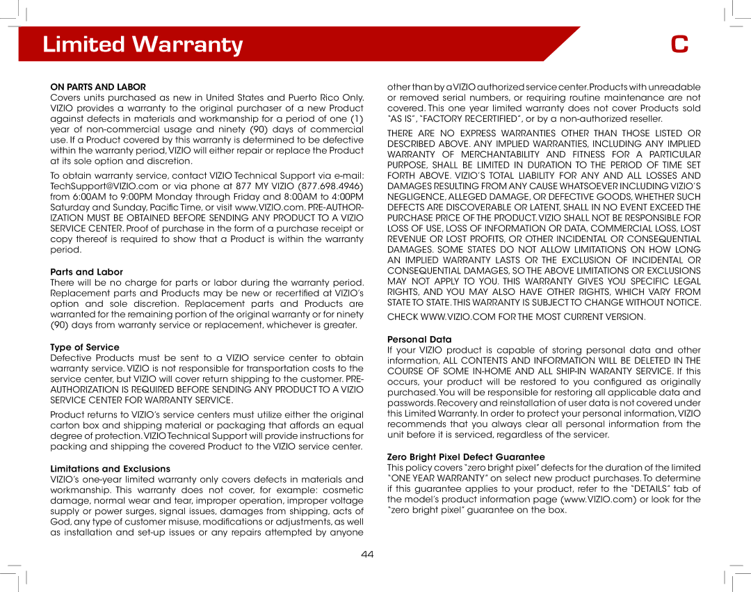 Vizio E321VL warranty Limited Warranty, On Parts and Labor 