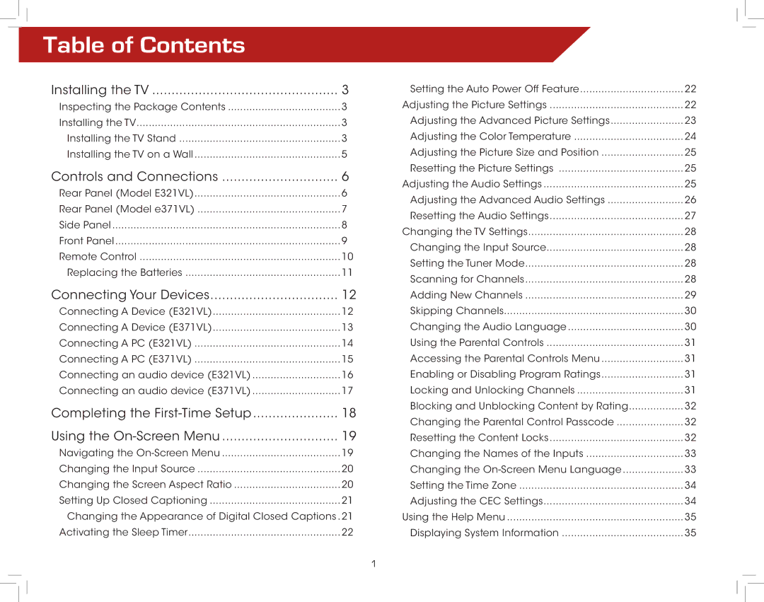 Vizio E321VL warranty Table of Contents 