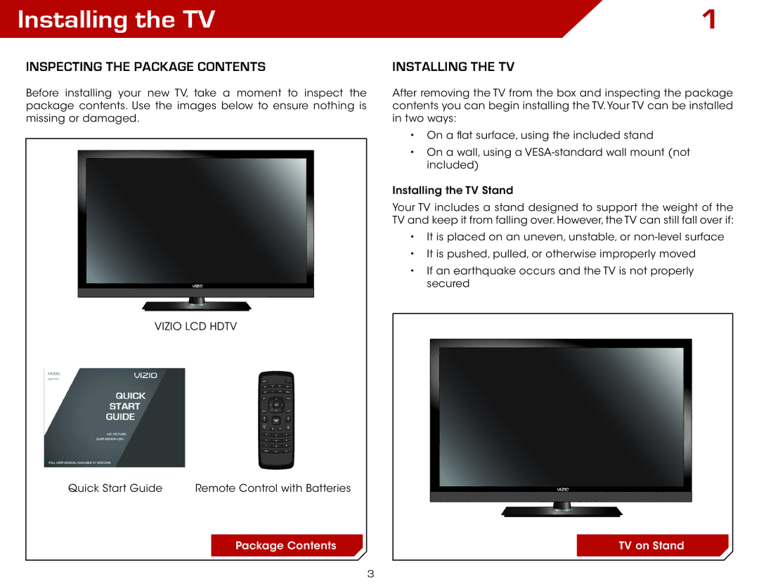 Vizio E321VT specifications Installing the TV, Inspecting the Package Contents 