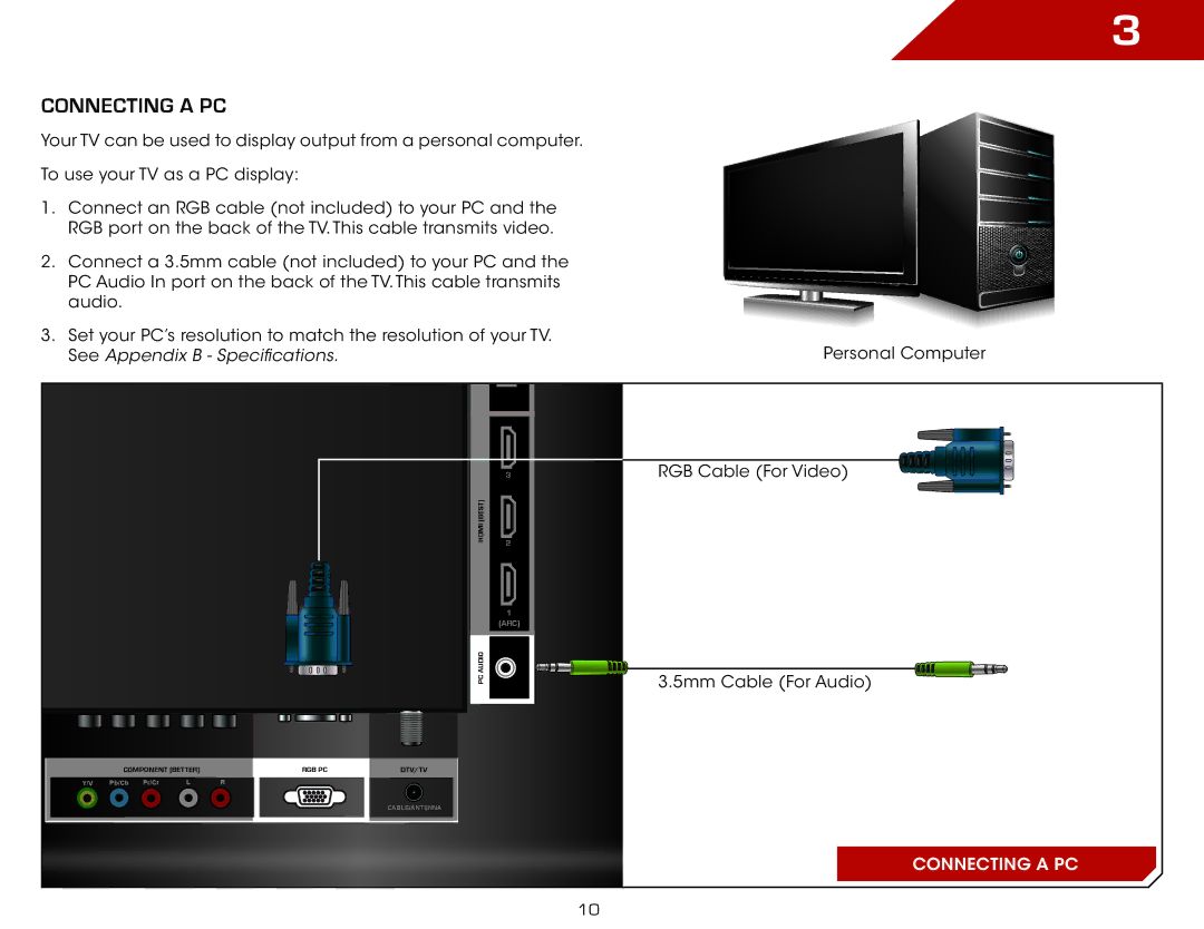 Vizio E321VT specifications Connecting a PC, See Appendix B Specifications 