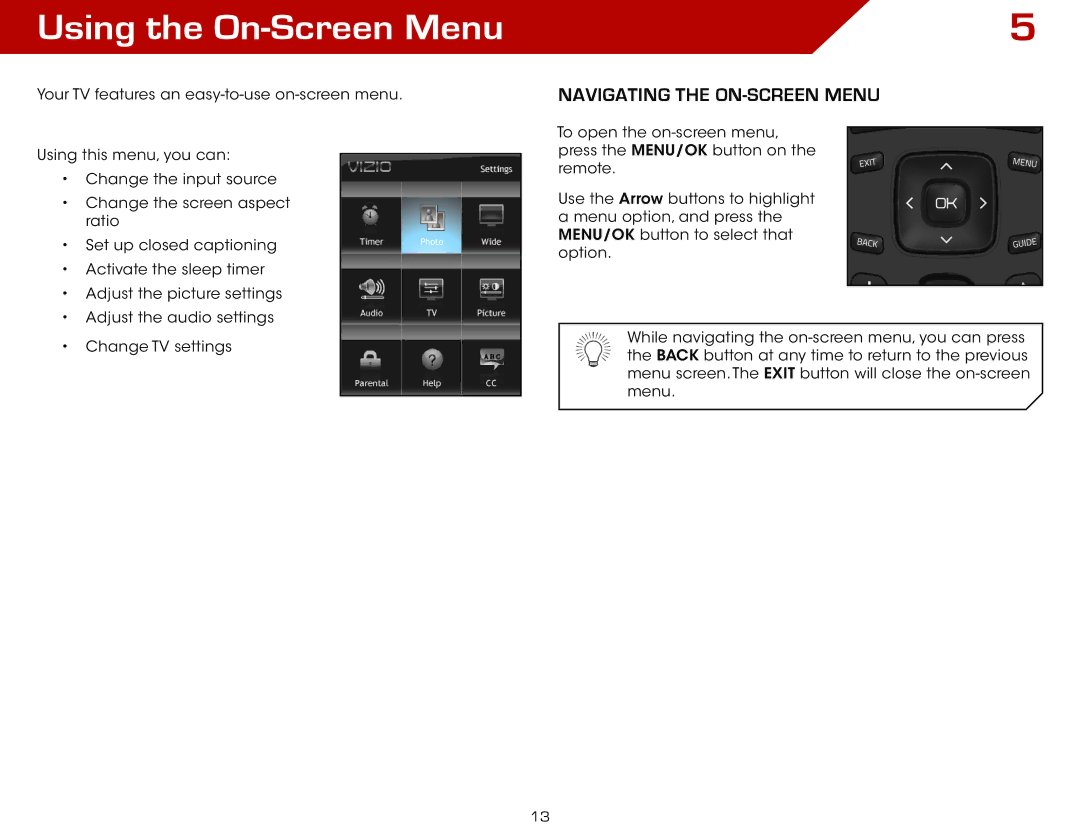 Vizio E321VT specifications Using the On-Screen Menu, Navigating the On-Screen Menu 